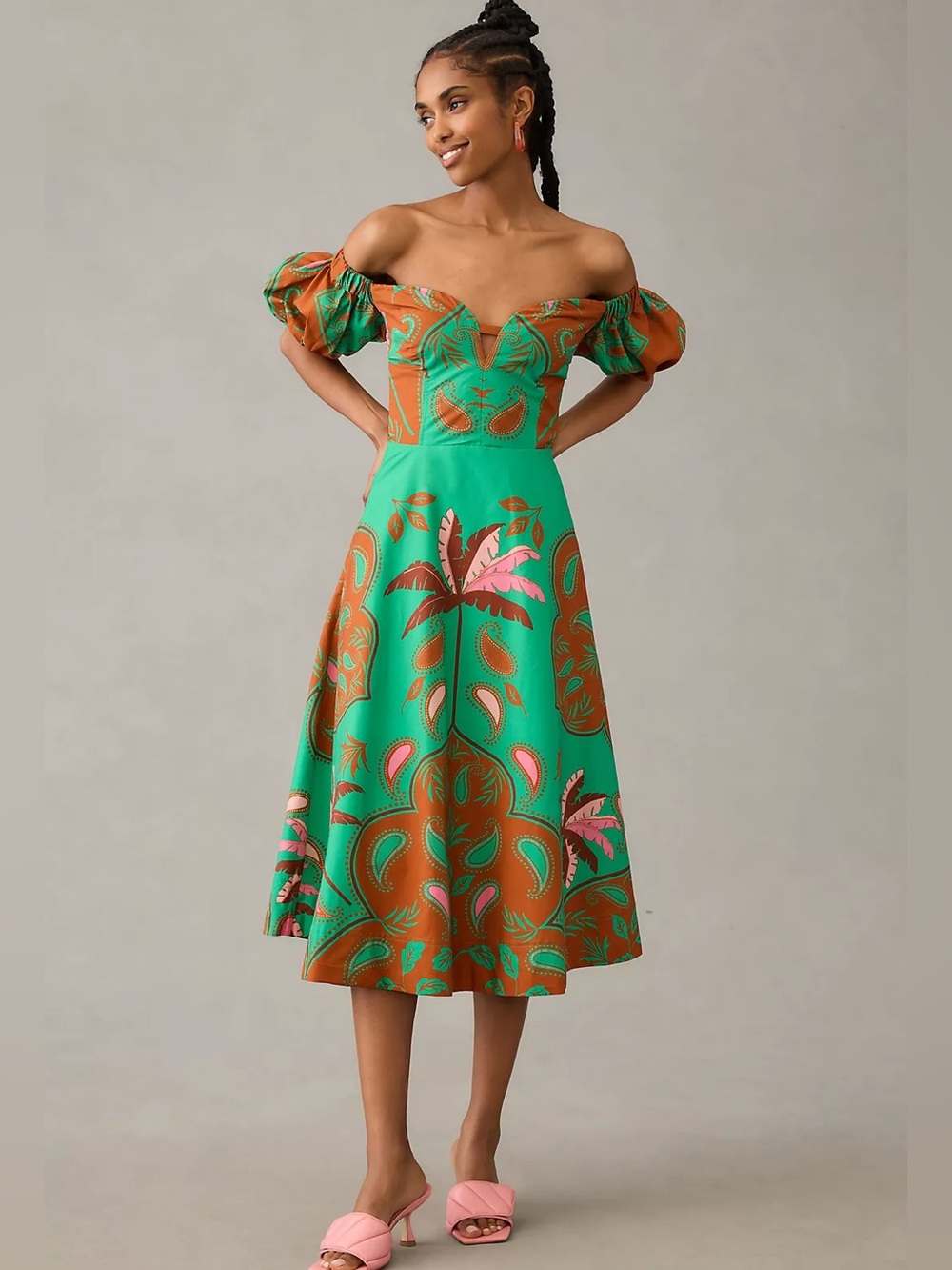 Anthropologie Maeve SIZE 10P Puff Sleeve Sweetheart neck green midi dress